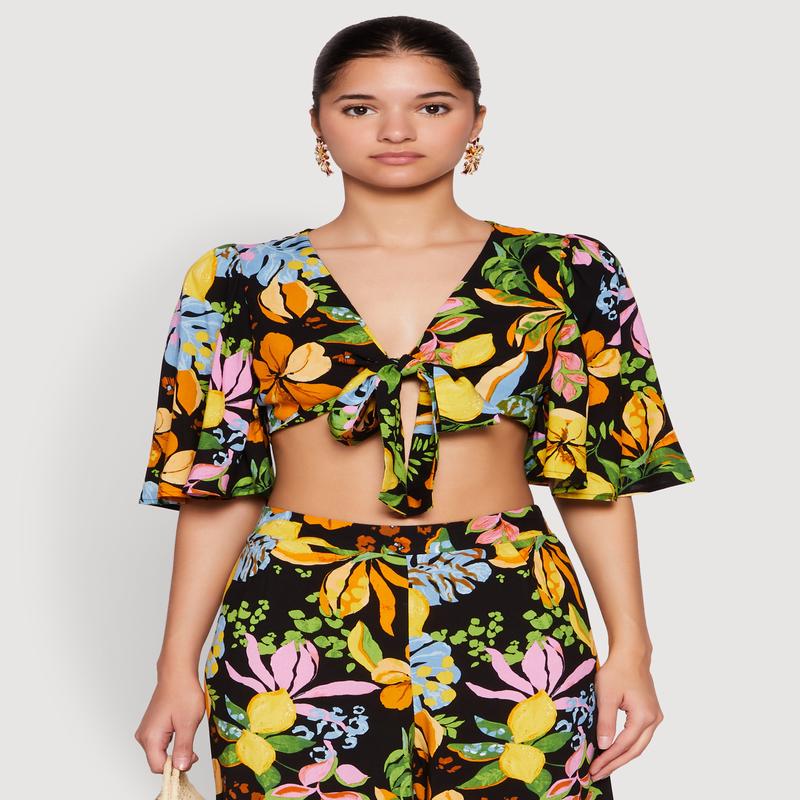 Floral Flutter Sleeve Tie Front Crop Top