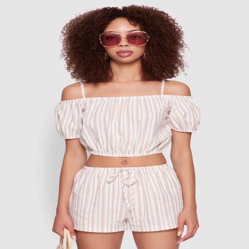 Madden Girl Striped Cold Shoulder Puff Sleeve Top