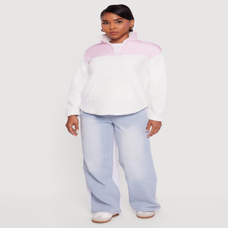 Nylon Detail Zip Front Fleece Sweatshirt