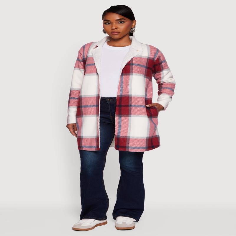 Plaid Sherpa Lined Fleece Collared Open Front Long Jacket