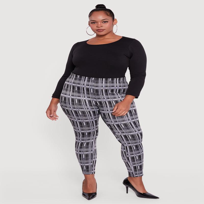 Plus Size High Waisted Plaid Skinny Pull On Pants