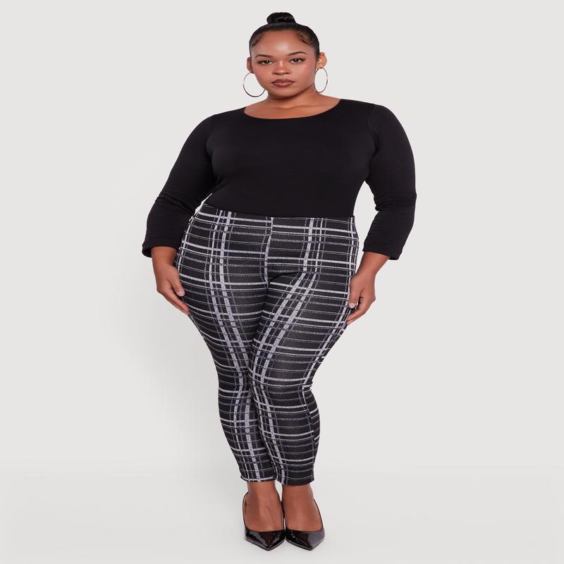 Plus Size High Waisted Skinny Pull On Plaid Pants