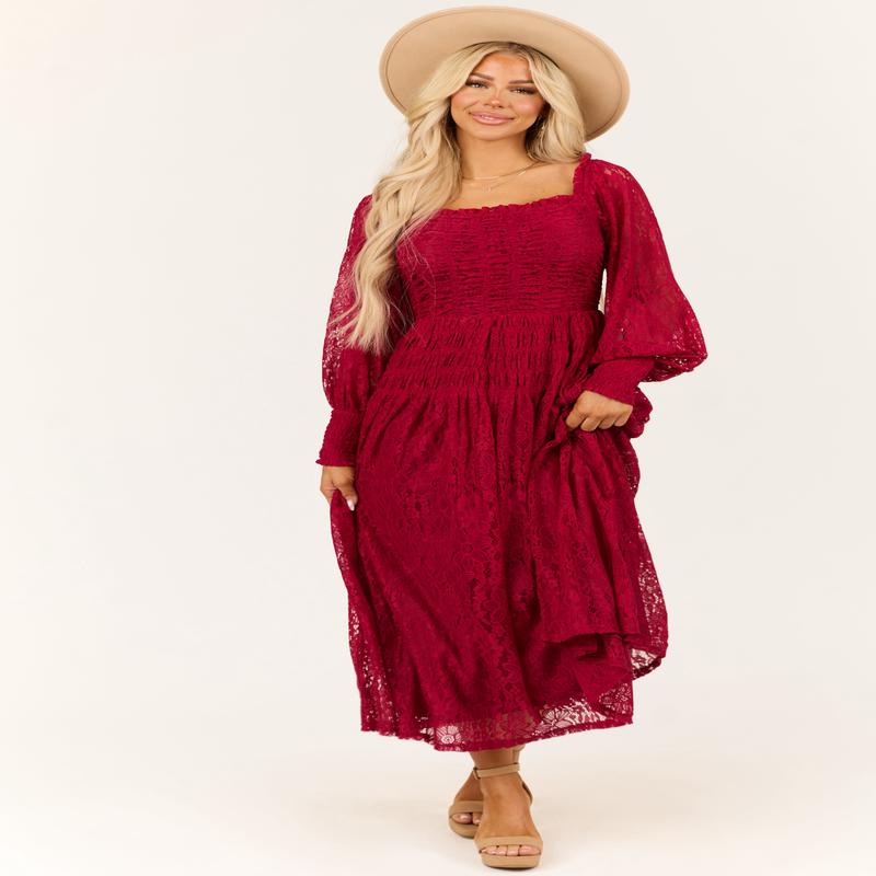 Wine Smocked Bubble Sleeve Lace Maxi Dress