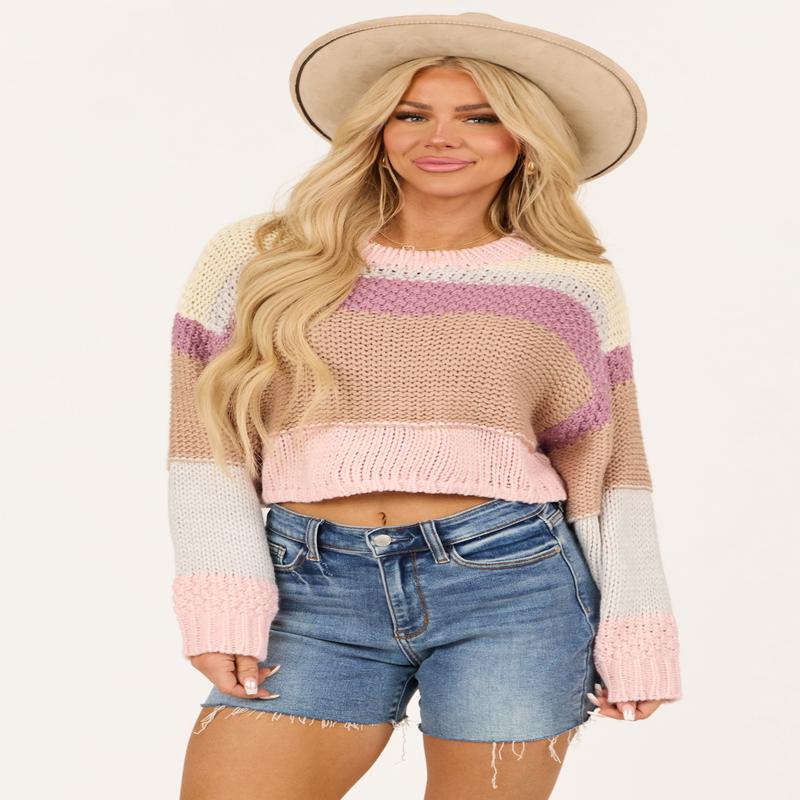 Baby Pink Striped Long Sleeve Cropped Sweater