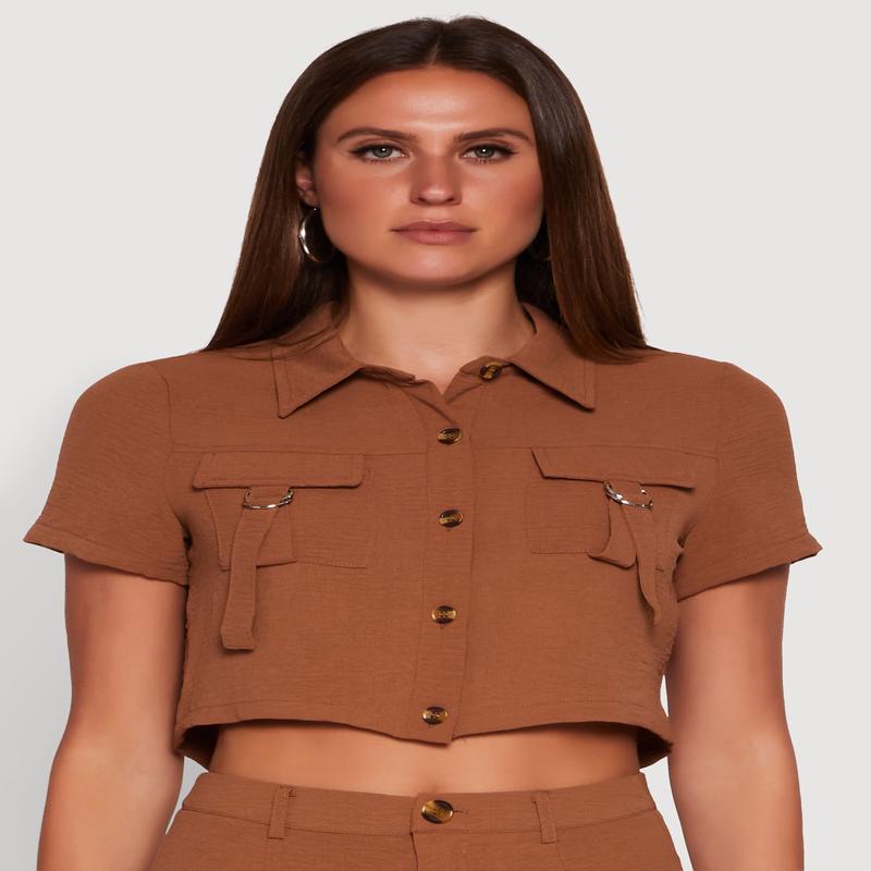 Crepe Knit Metallic D Ring Button Front Cropped Shirt