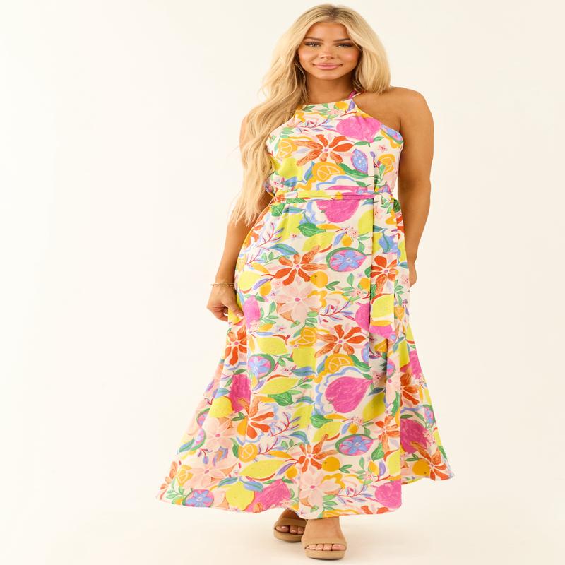 Ivory Colorful Floral and Fruit Print Maxi Dress