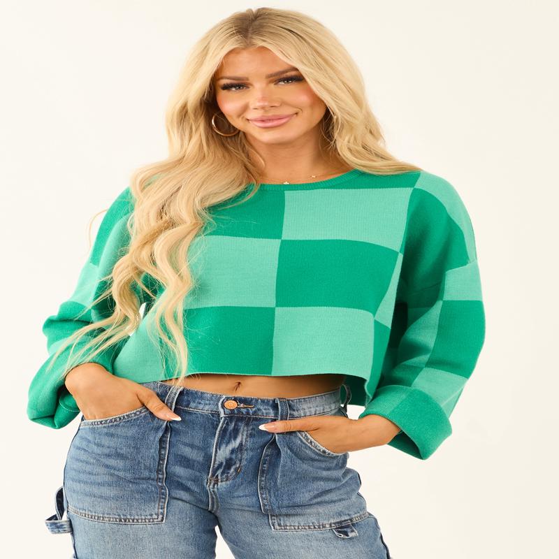 Kelly Green and Sage Checkered Long Sleeve Cropped Sweater