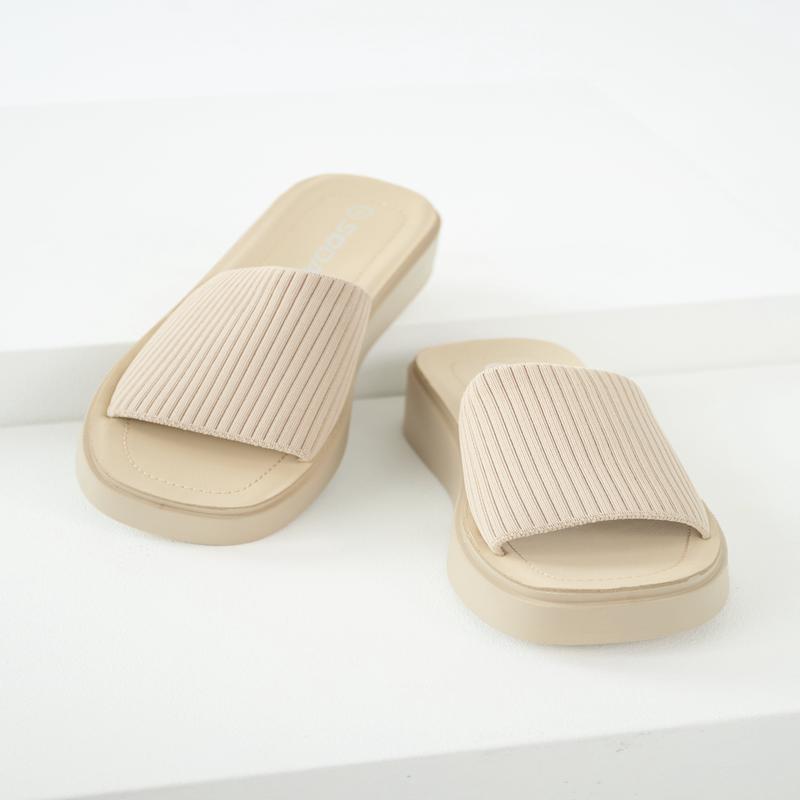 Oatmeal Wide Strap Slip On Platform Sandals