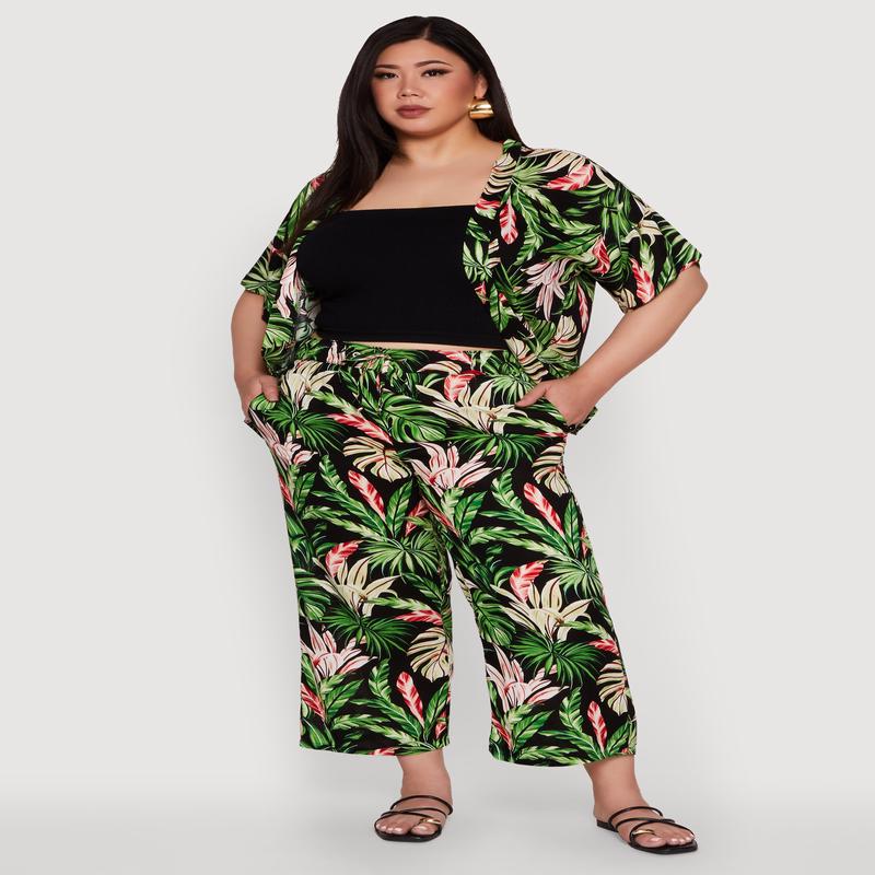 Plus Size Tropical Leaf Print High Waisted Palazzo Pants