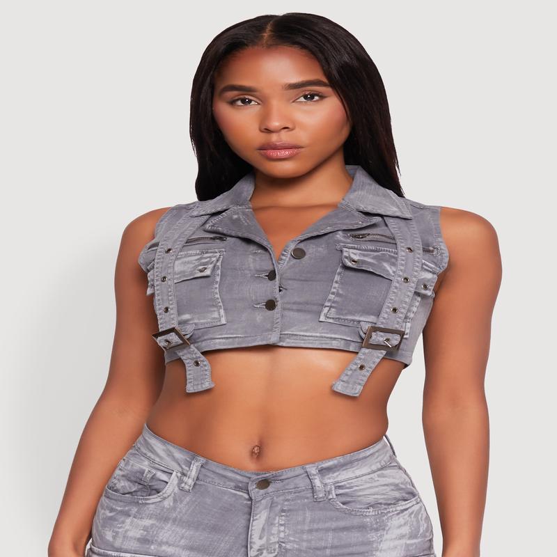 Spoon Jeans Mineral Wash Denim Cargo Vest