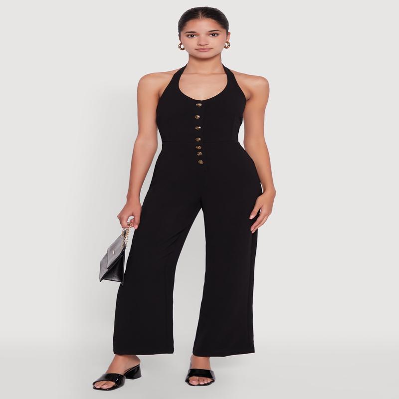 Crepe Knit Button Front Halter Jumpsuit
