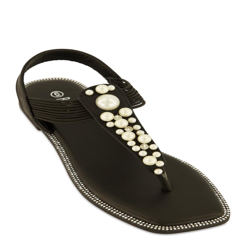 Faux Pearl Studded Ankle Strap Thong Sandals