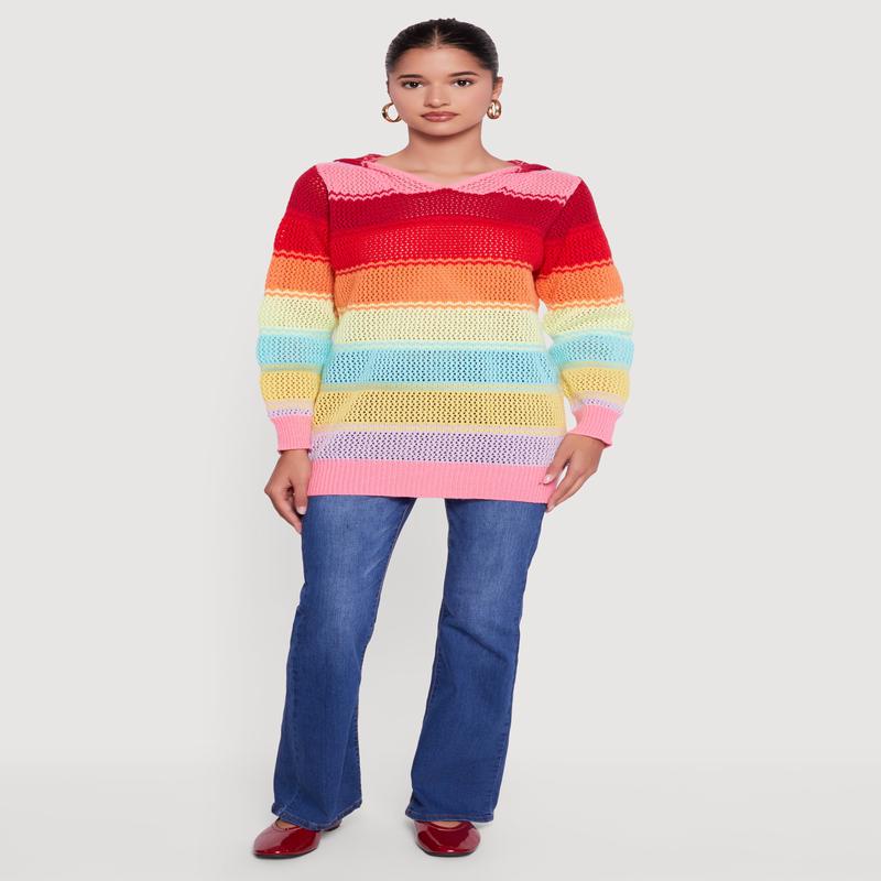 Rainbow Striped Long Sleeve Pullover Hooded Sweater