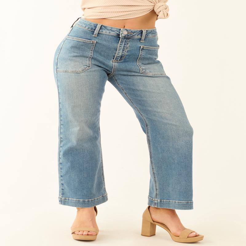 Sneak Peak Vintage Wash Wide Leg Stretchy Jeans
