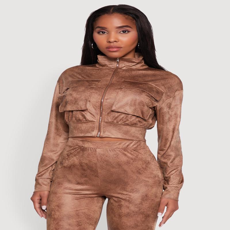 Acid Wash Zip Front Crop Cargo Jacket