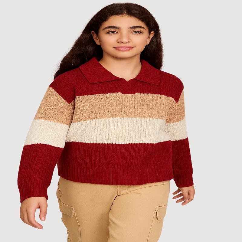 Girls Striped Polo Sweater