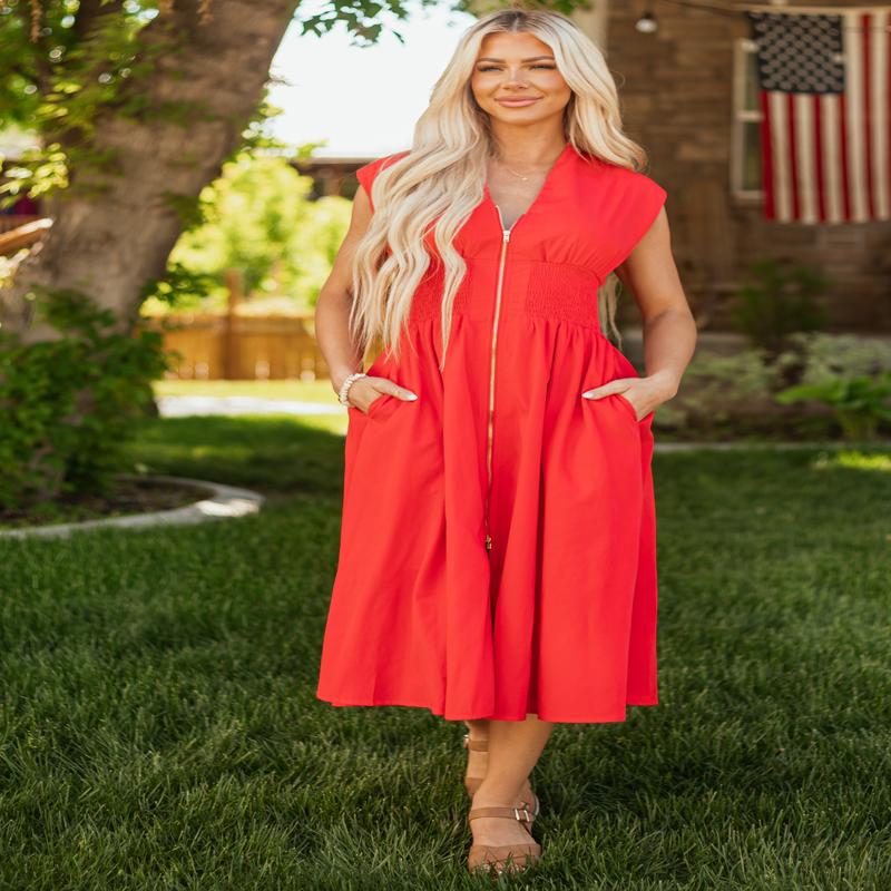 Entro Lipstick Sleeveless Zipper Front Midi Dress