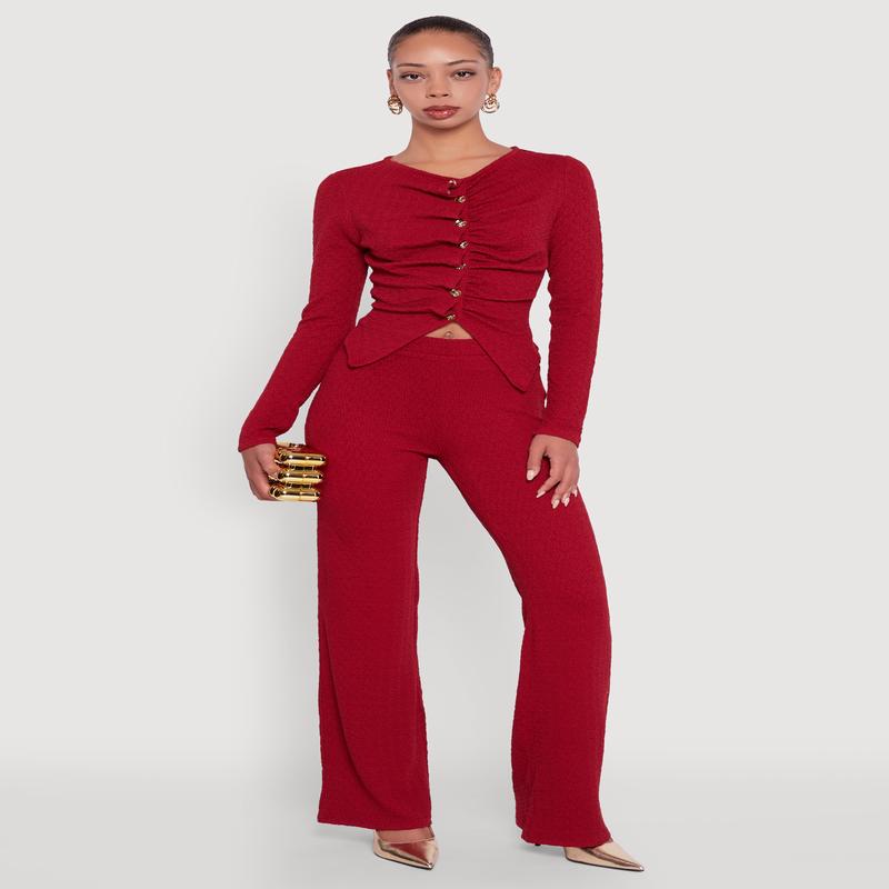 High Waisted Straight Leg Textured Knit Pants