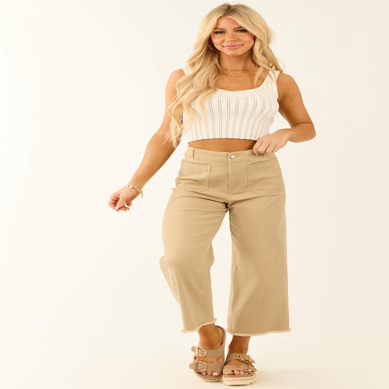 Khaki Stretchy Denim Straight Patch Pocket Jeans