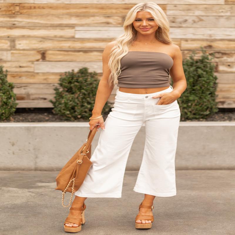 Off White Stretchy Denim Straight Patch Pocket Jeans