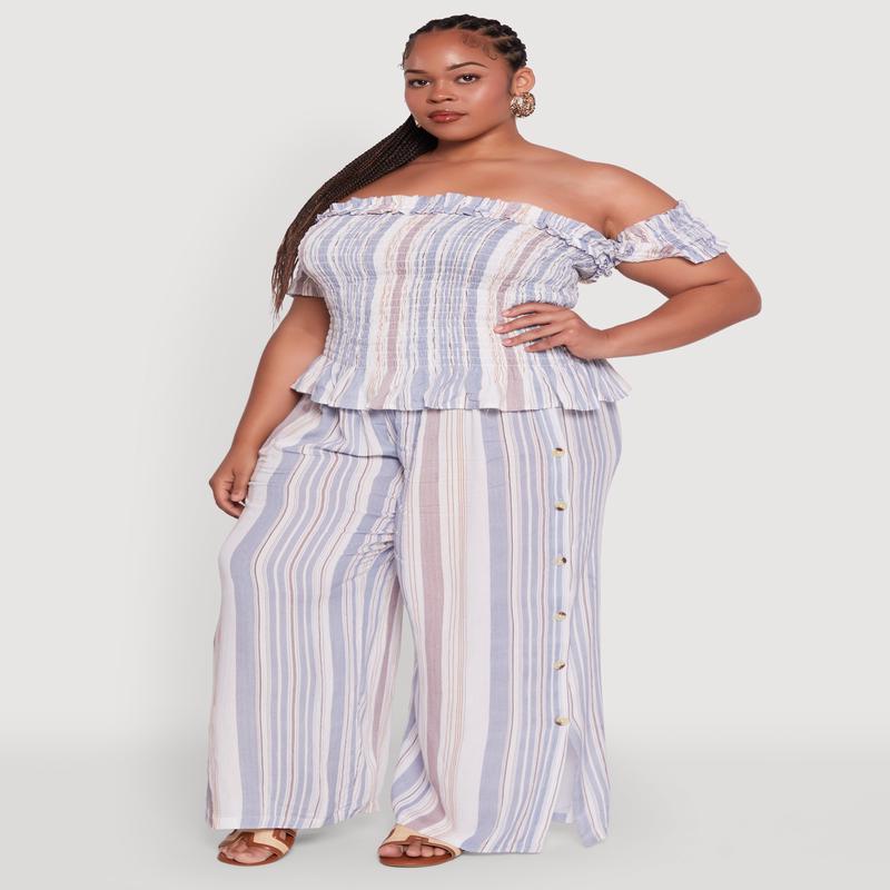 Plus Size Striped Buttoned Split Hem Palazzo Pants