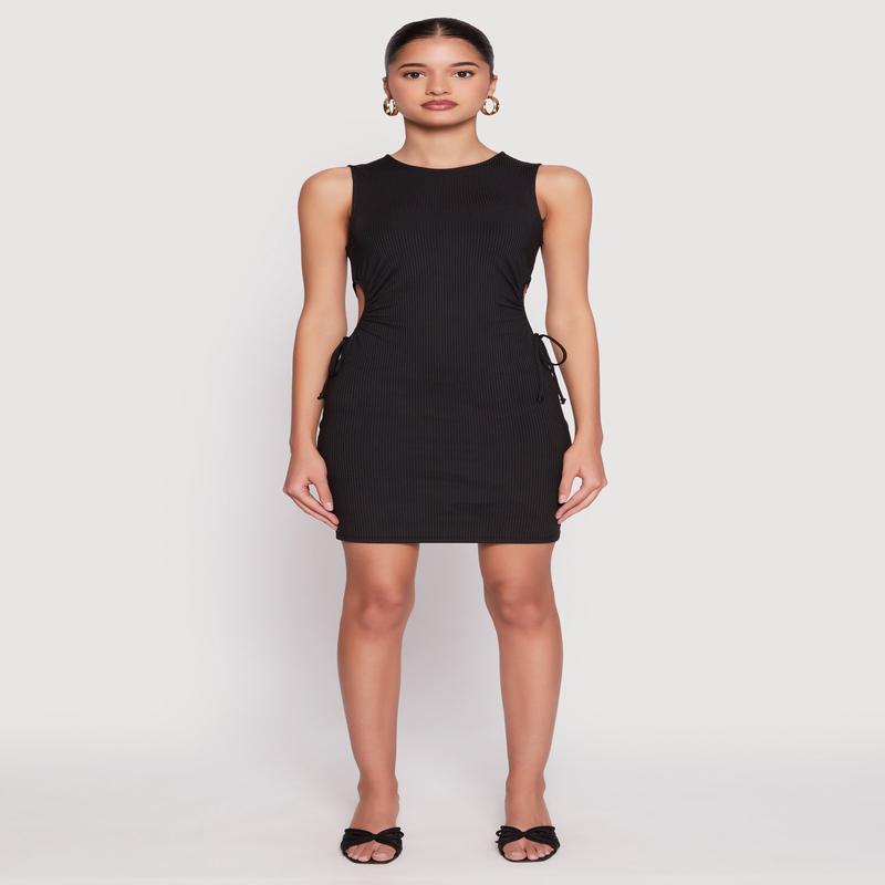 Ribbed Knit Drawstring Side Cut Out Dress