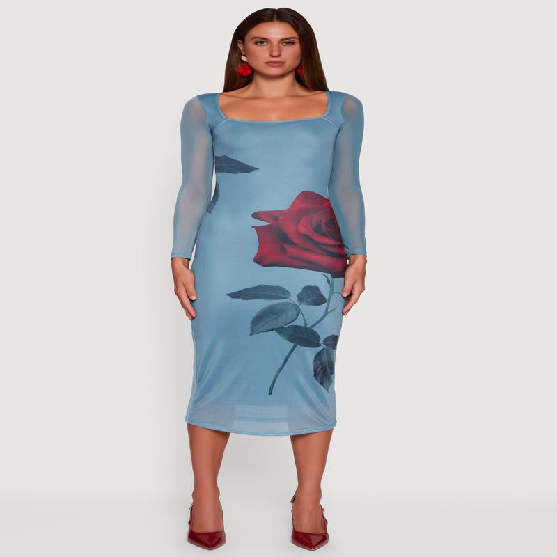 Almost Famous Mesh Rose Print Long Sleeve Midi Dress