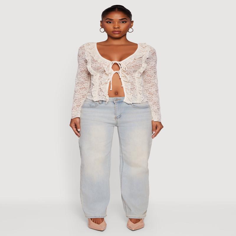 Floral Lace Double Tie Front Ruffle Top