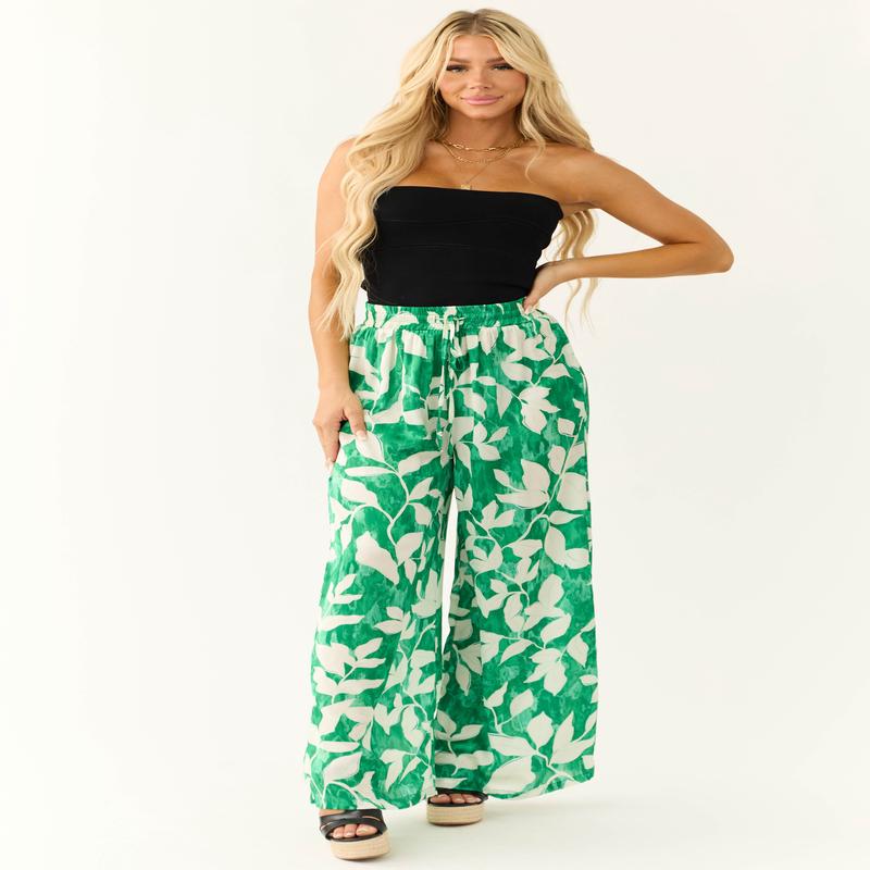 Flying Tomato Jade Leaf Print Satin Pants