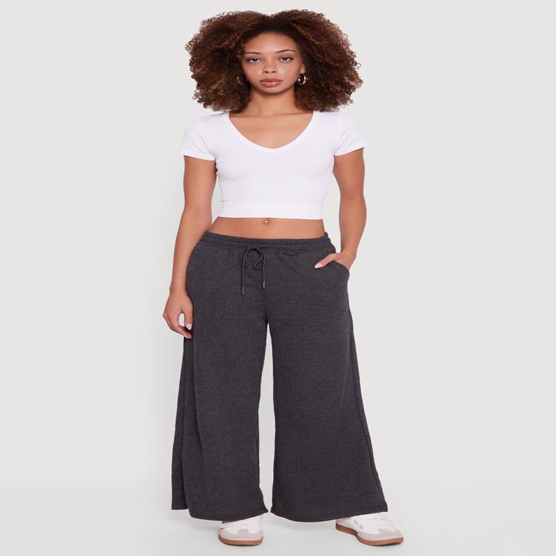 Marled Brushed Rib Knit Wide Leg Sweatpants