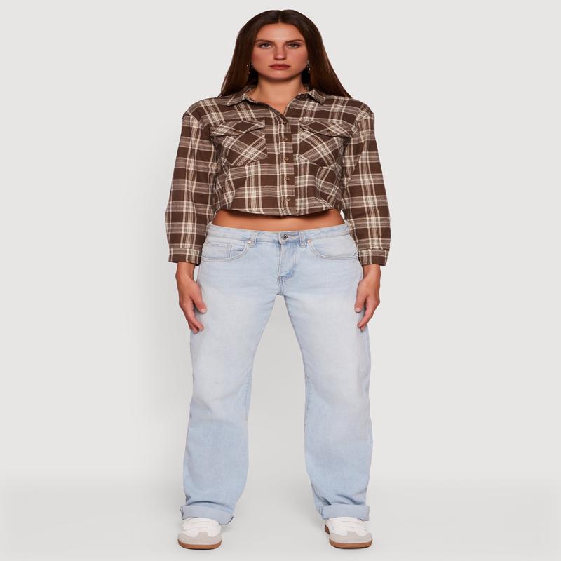 Plaid Flap Pocket Cropped Button Front Shirt