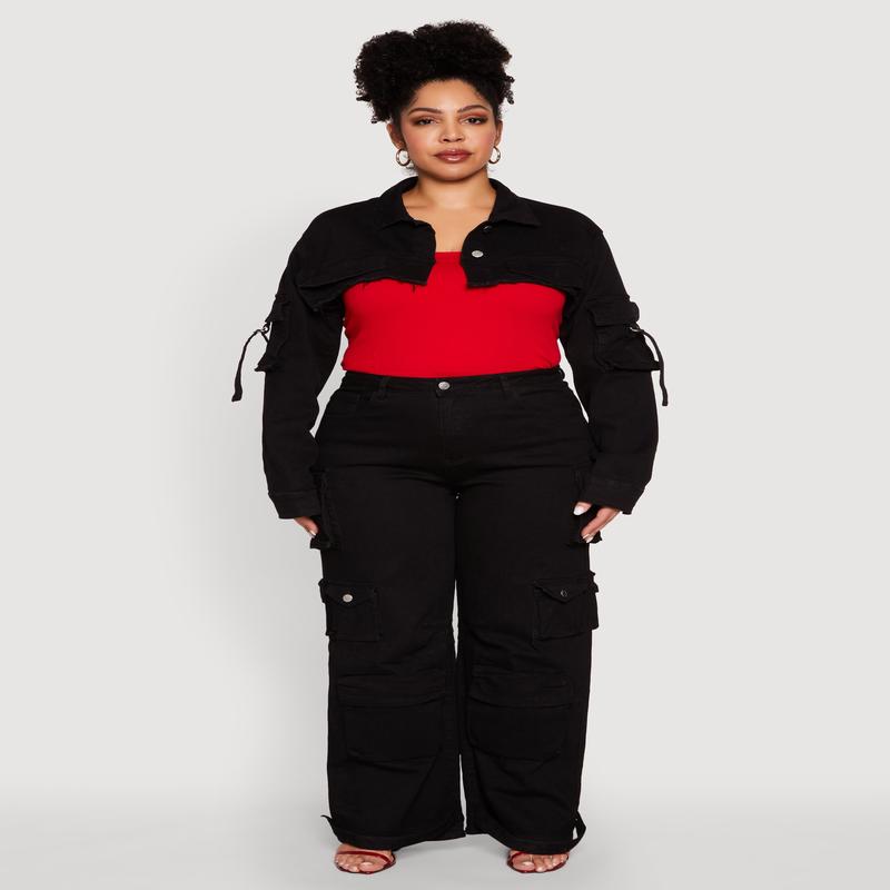 Plus Size Daisy Cargo Pocket Sleeve Cropped Jean Jacket