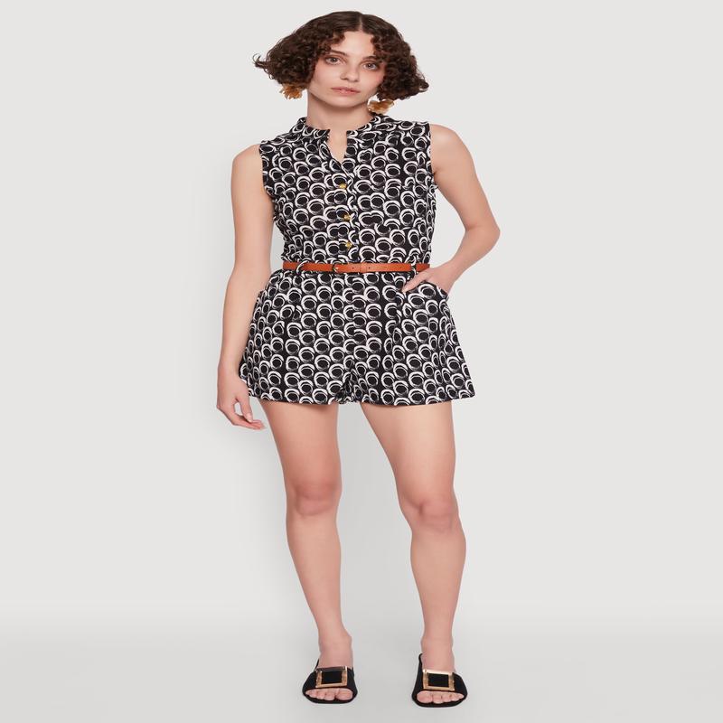 Printed Pattern Sleeveless Romper with Belt