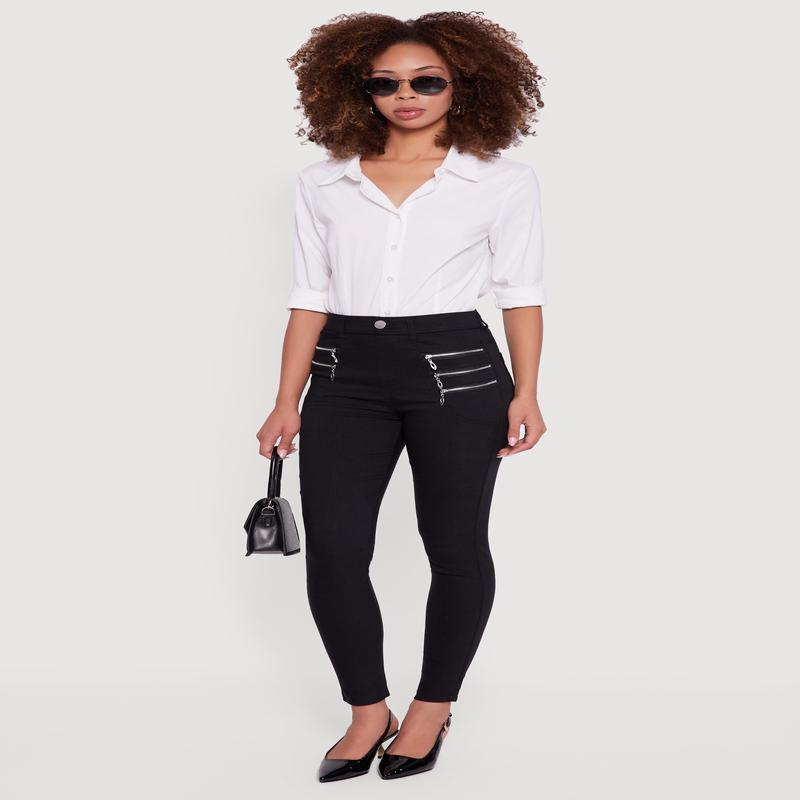 Rhinestone Multi Zipper Hyper Stretch Skinny Leg Pants