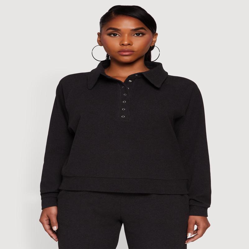 Brushed Rib Knit Long Sleeve Collared Sweatshirt