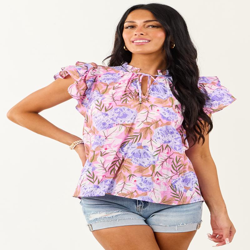 Bubblegum Floral Print Ruffle Short Sleeve Top