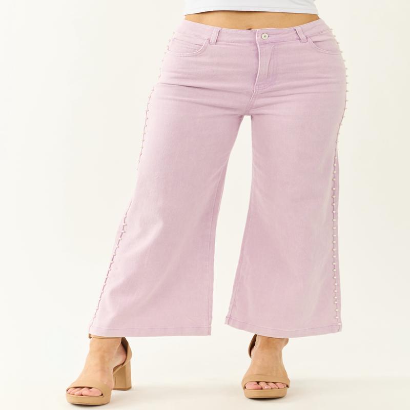 Mauve High Rise Pearl Embellished Wide Leg Jeans