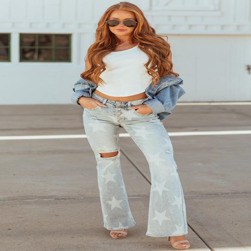 Risen Mid Rise Star Print Stretchy Flare Jeans