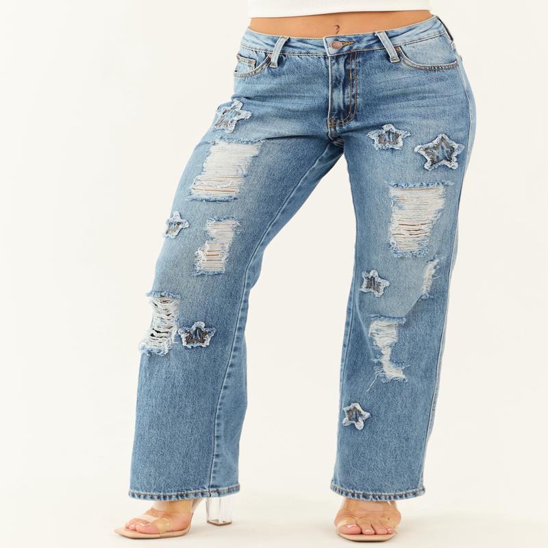 Saige Medium Wash Distressed Star Patch Straight Jeans