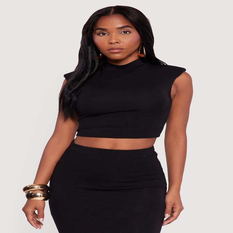 Shoulder Padded Mock Neck Sleeveless Crop Top