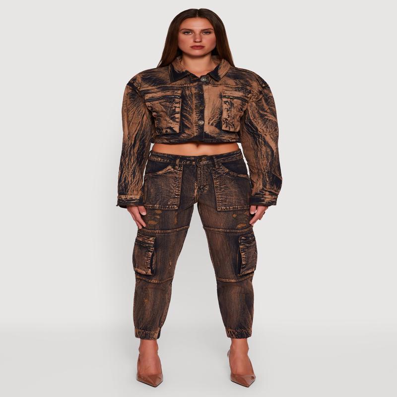 Acid Wash Distressed Denim Cargo Joggers