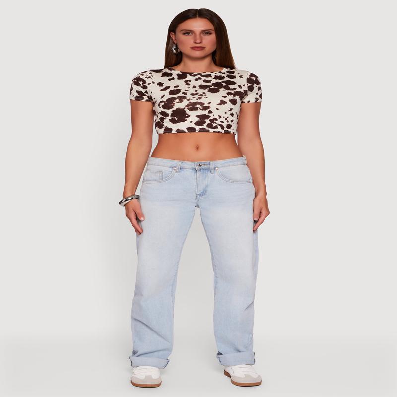 Cow Print Short Sleeve Crop Top