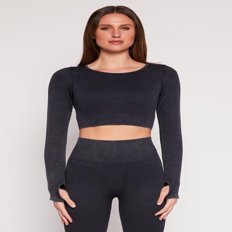 Daisy Ribbed Knit Long Sleeve Crop Top