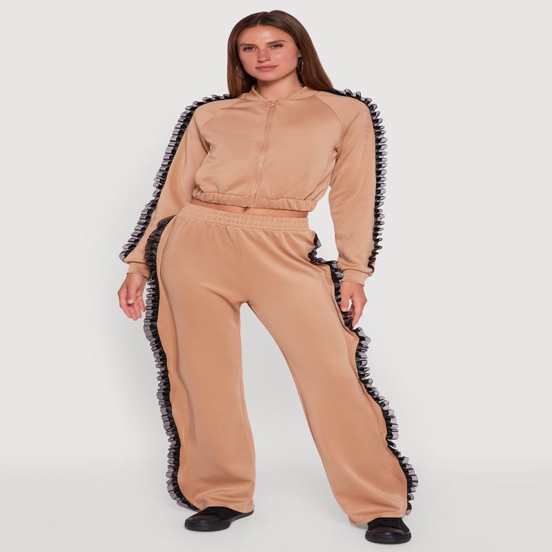 High Waisted Ruffle Trim Flare Leg Pants