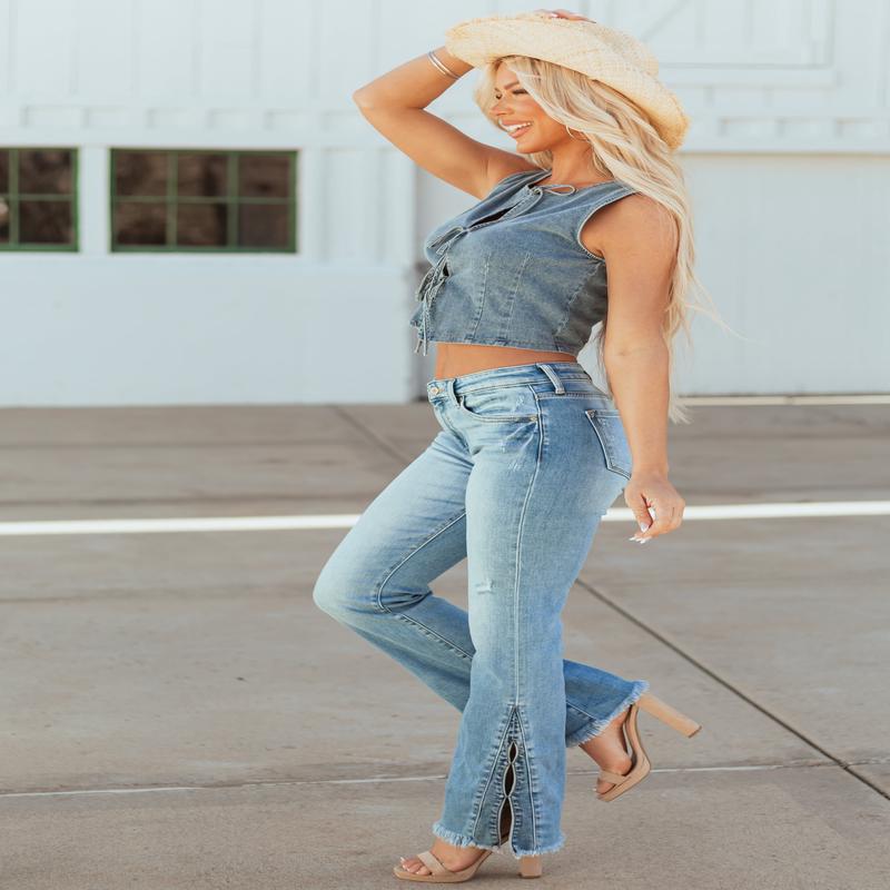 KanCan Medium Wash Slit Hem Stretchy Bootcut Jeans