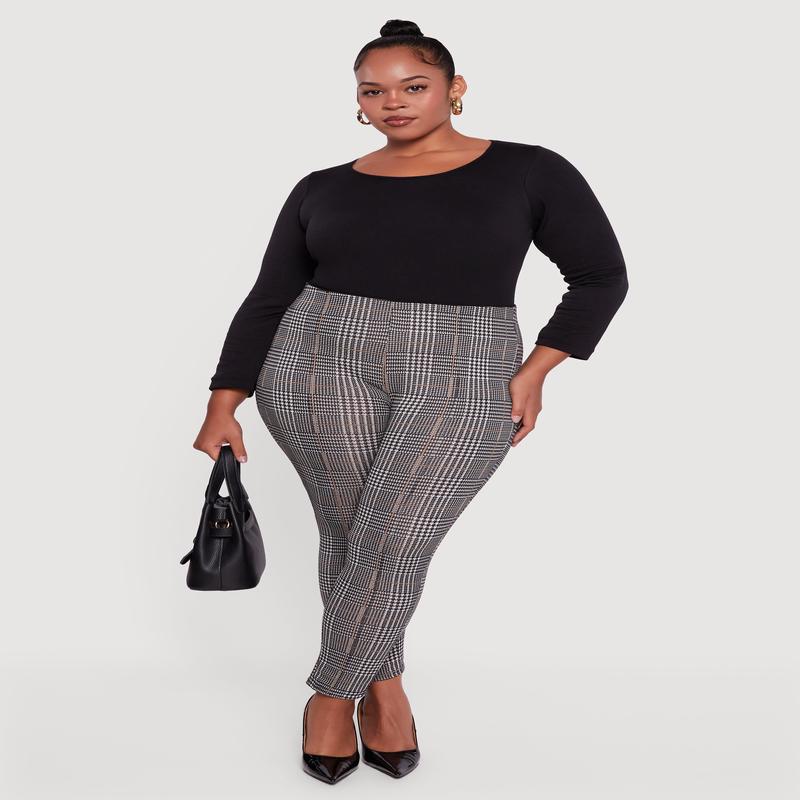 Plus Size Houndstooth Plaid High Waisted Dress Pants