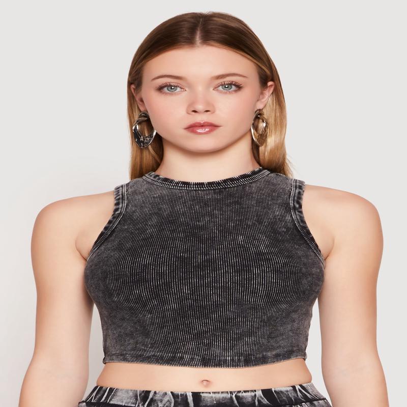 Ribbed Knit Acid Wash Cropped Tank Top