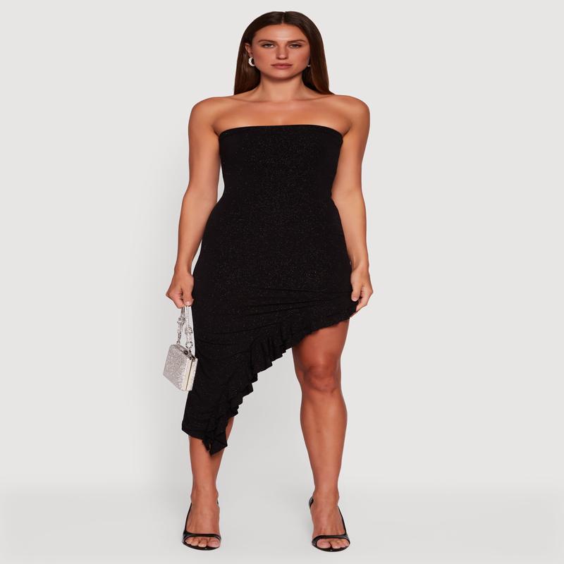 Side Ruched Asymmetrical Ruffle Trim Glittery Midi Dress
