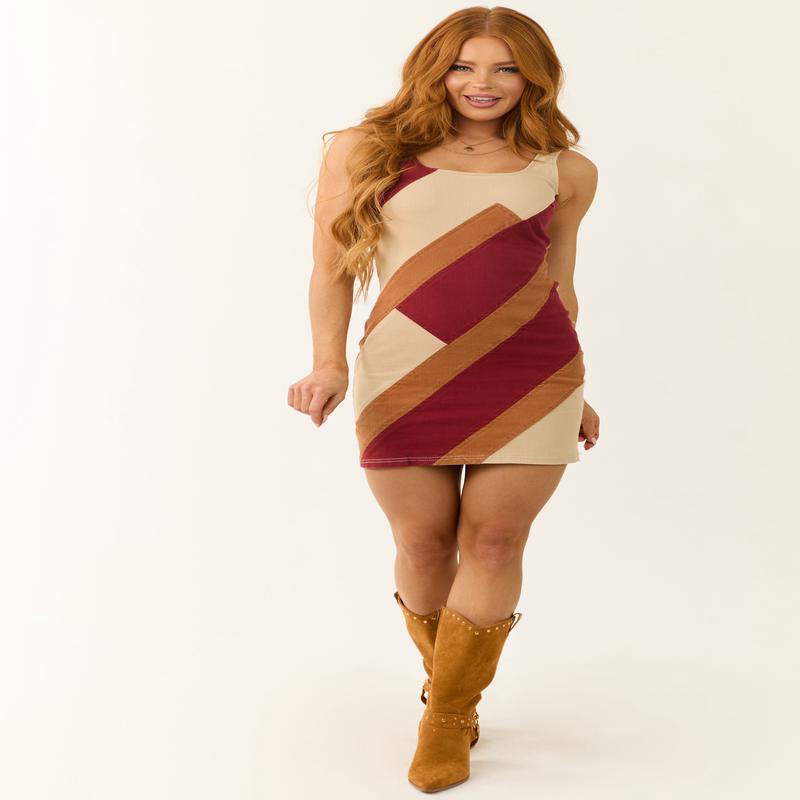 Beige Colorblock Patchwork Denim Mini Dress
