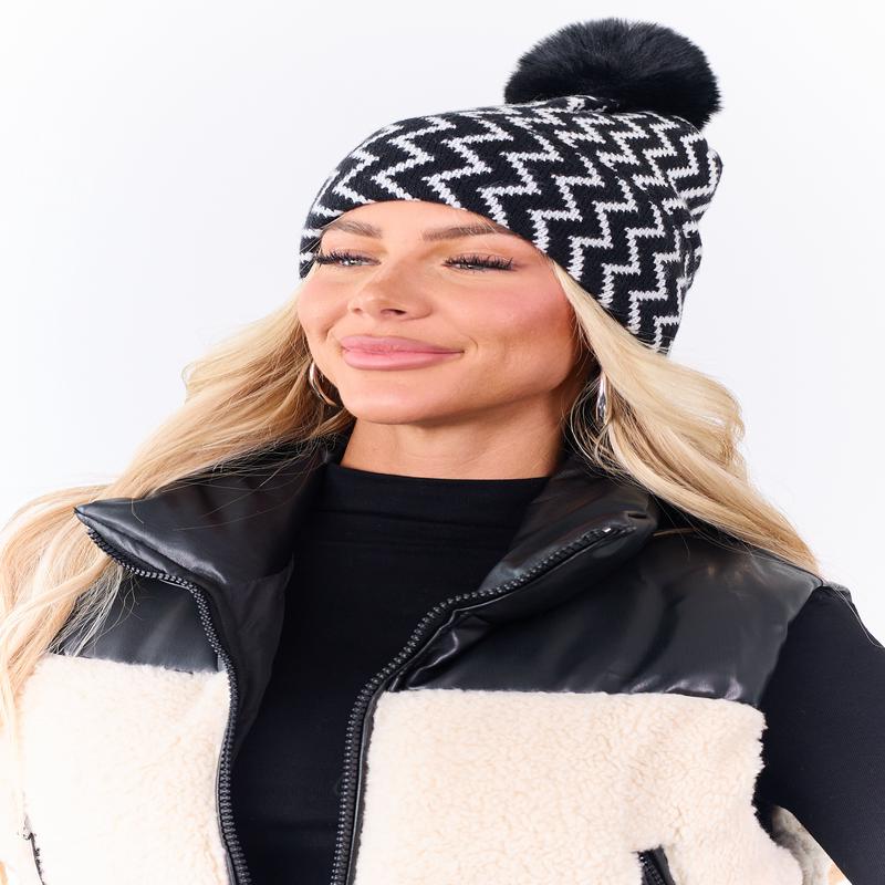 Black Zig Zag Pom Pom Knit Beanie